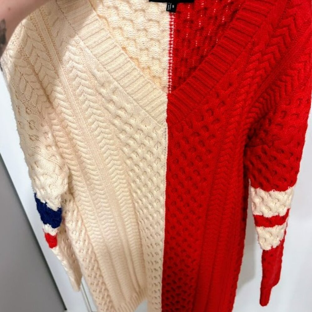 Lulus Bold Comfort Ivory And Red Color Block Cable Sweater Mini Dress - Size S - Picture 2 of 5